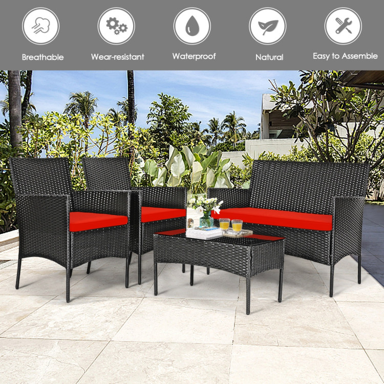 4 Pcs Patio Rattan Cushioned Sofa Furniture Set with Tempered Glass Coffee Table-RedCostway Gallery View 2 of 15
