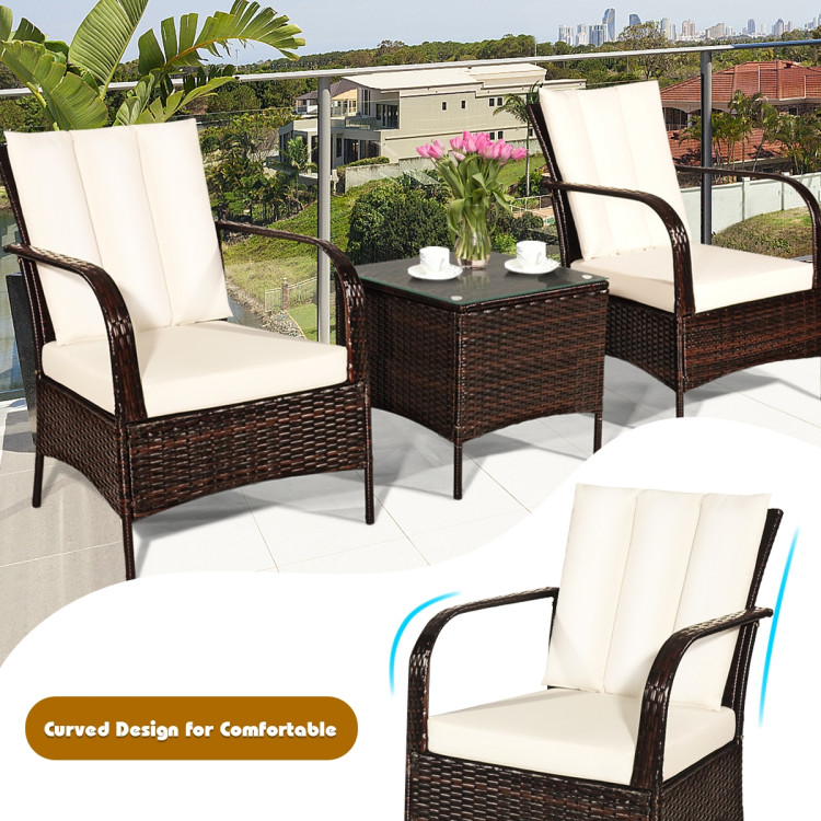 3 Pcs Patio Conversation Rattan Furniture Set with Glass Top Coffee Table and Cushions-WhiteCostway Gallery View 10 of 12