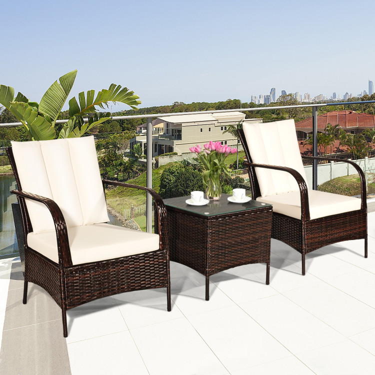 3 Pcs Patio Conversation Rattan Furniture Set with Glass Top Coffee Table and Cushions-WhiteCostway Gallery View 4 of 12