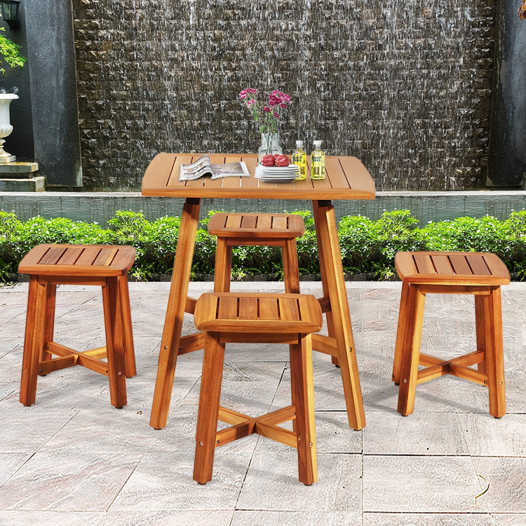 5 Pieces Wood Patio Dining Set with Square Table and 4 StoolsCostway Gallery View 2 of 11