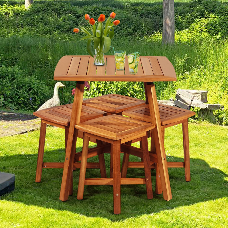 5 Pieces Wood Patio Dining Set with Square Table and 4 StoolsCostway Gallery View 6 of 11