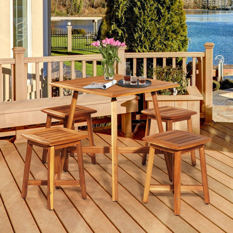 5 Pieces Wood Patio Dining Set with Square Table and 4 StoolsCostway Gallery View 8 of 11