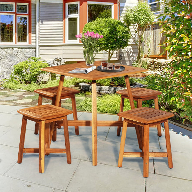 5 Pieces Wood Patio Dining Set with Square Table and 4 StoolsCostway Gallery View 7 of 11