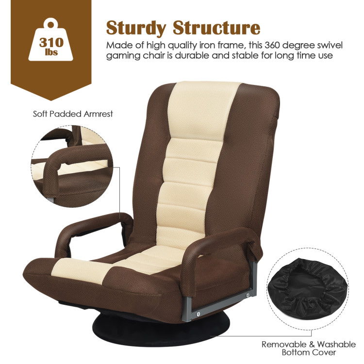 360-Degree Swivel Gaming Floor Chair with Foldable Adjustable Backrest-BrownCostway Gallery View 5 of 11