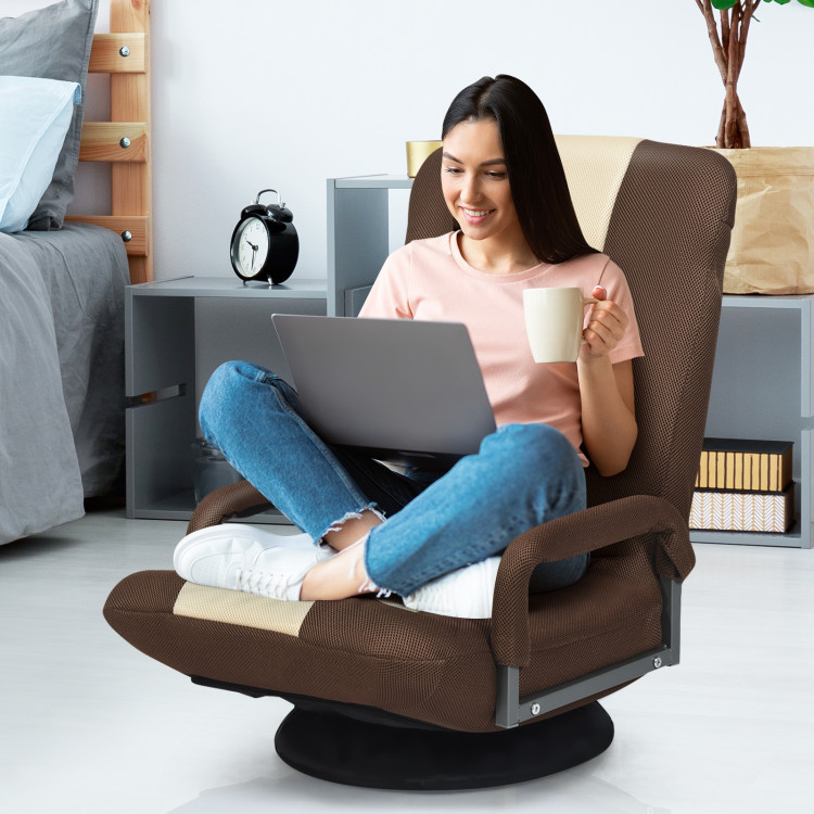 360-Degree Swivel Gaming Floor Chair with Foldable Adjustable Backrest-BrownCostway Gallery View 6 of 11