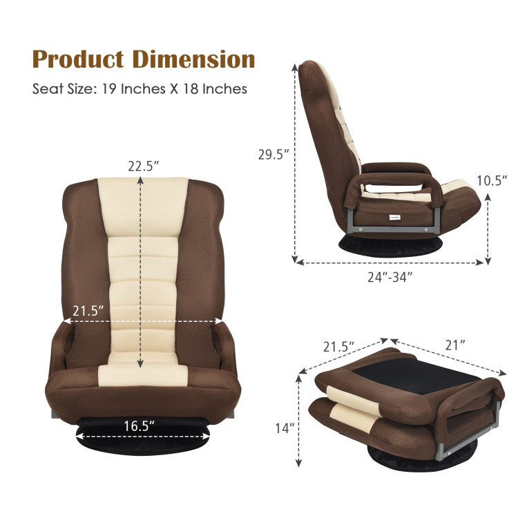360-Degree Swivel Gaming Floor Chair with Foldable Adjustable Backrest-BrownCostway Gallery View 4 of 11