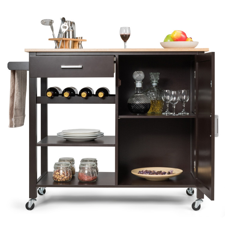 Kitchen Island Cart Rolling Serving Cart Wood Trolley-BrownCostway Gallery View 7 of 10