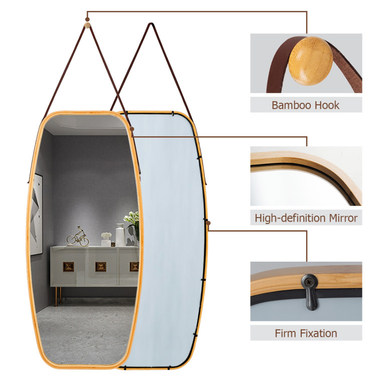 Modern Wall Mirror with Bamboo Frame and Adjustable Leather StrapCostway Gallery View 5 of 10