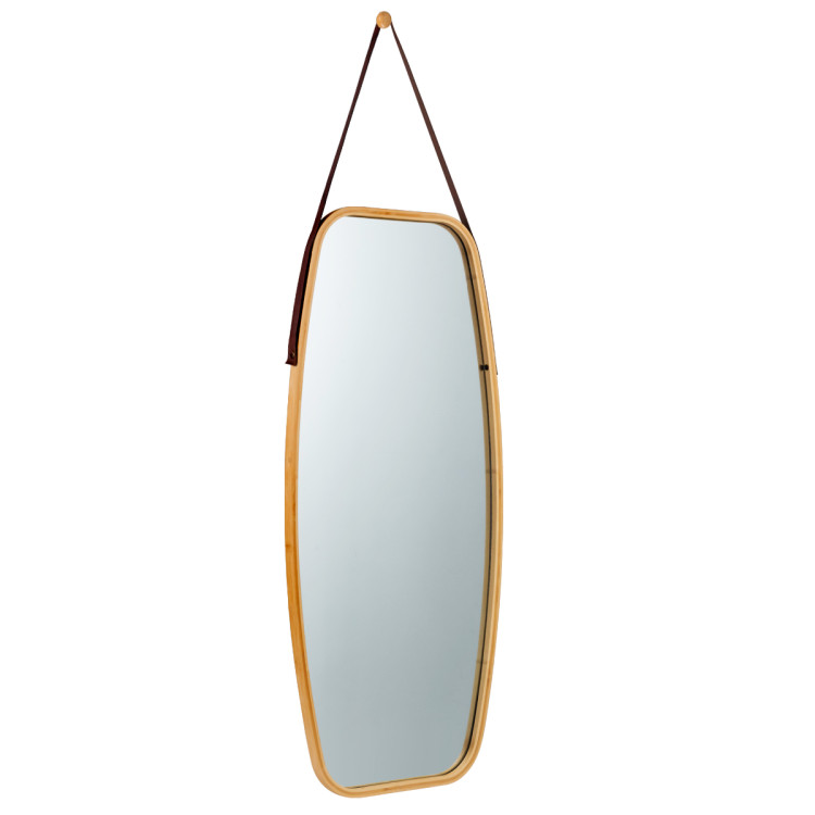 Modern Wall Mirror with Bamboo Frame and Adjustable Leather StrapCostway Gallery View 9 of 10