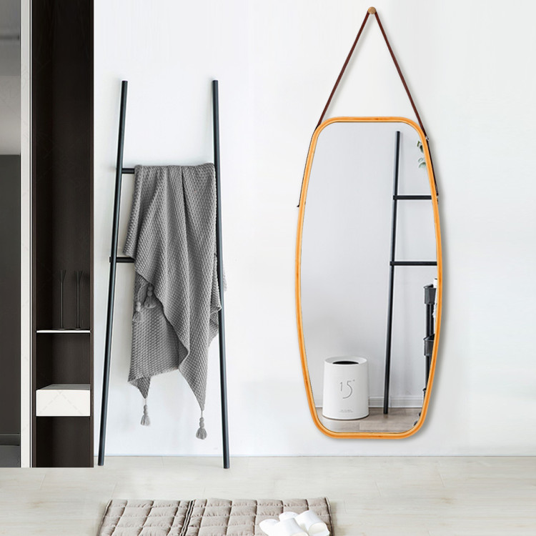 Modern Wall Mirror with Bamboo Frame and Adjustable Leather StrapCostway Gallery View 6 of 10