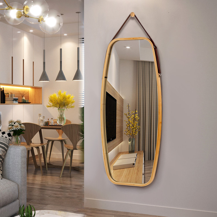 Modern Wall Mirror with Bamboo Frame and Adjustable Leather StrapCostway Gallery View 1 of 10
