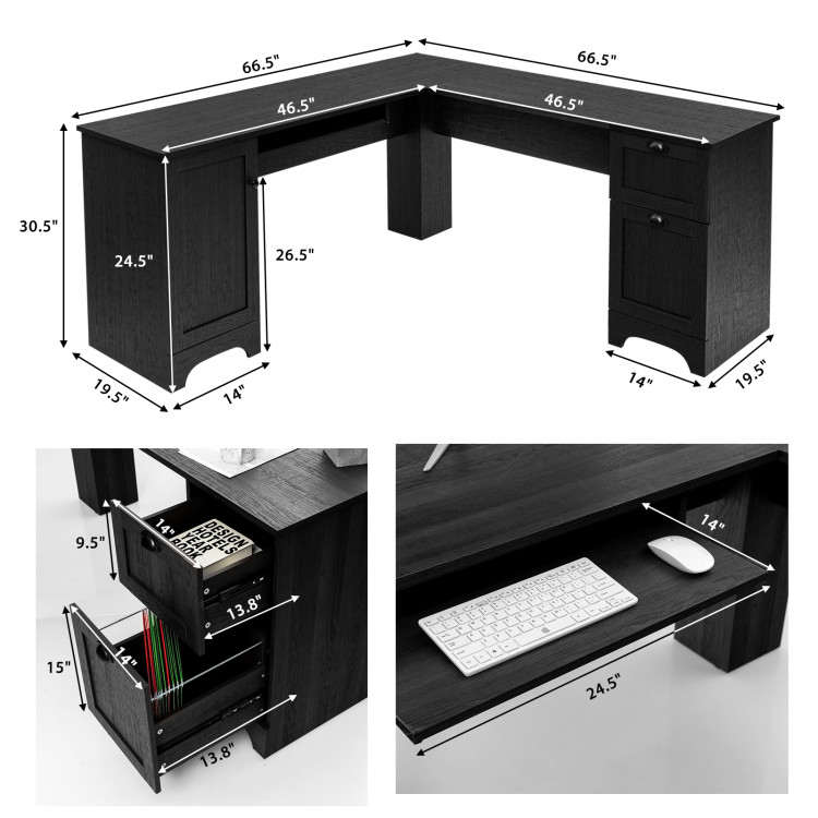 66" x 66" L-shaped Corner Computer Desk with Drawers-BlackCostway Gallery View 4 of 13