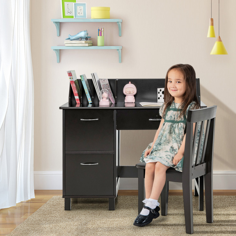 Kids Wooden Writing Furniture Set with Drawer and Storage Cabinet-Deep BrownCostway Gallery View 1 of 10