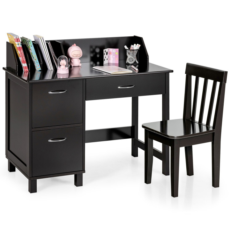 Kids Wooden Writing Furniture Set with Drawer and Storage Cabinet-Deep BrownCostway Gallery View 3 of 10