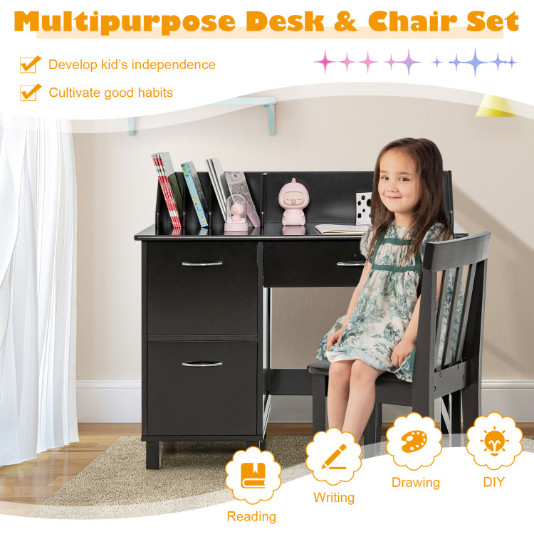 Kids Wooden Writing Furniture Set with Drawer and Storage Cabinet-Deep BrownCostway Gallery View 2 of 10