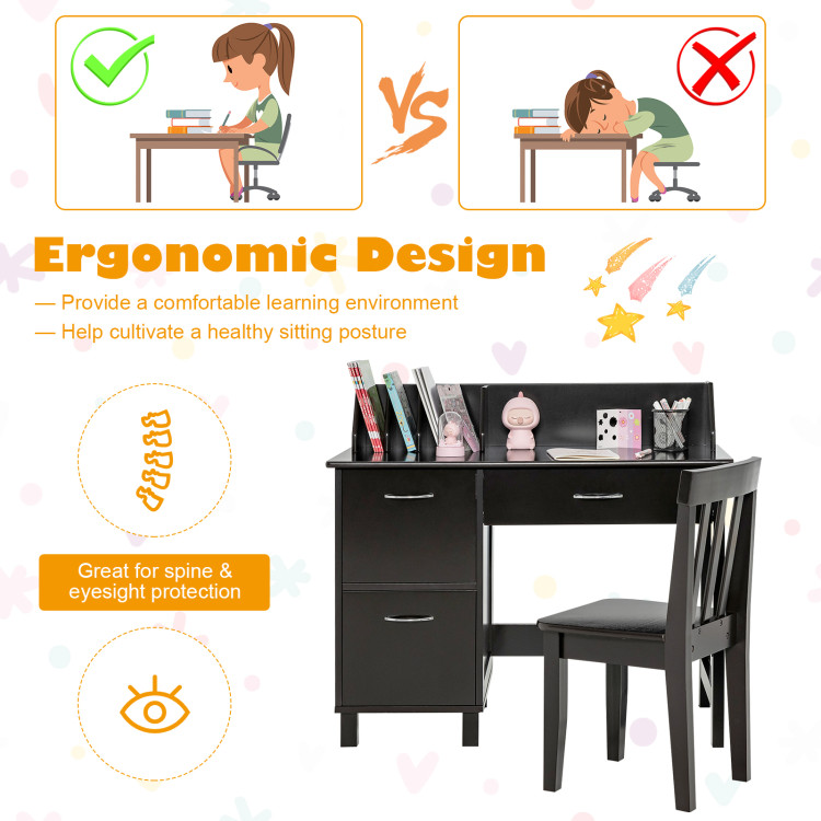 Kids Wooden Writing Furniture Set with Drawer and Storage Cabinet-Deep BrownCostway Gallery View 5 of 10