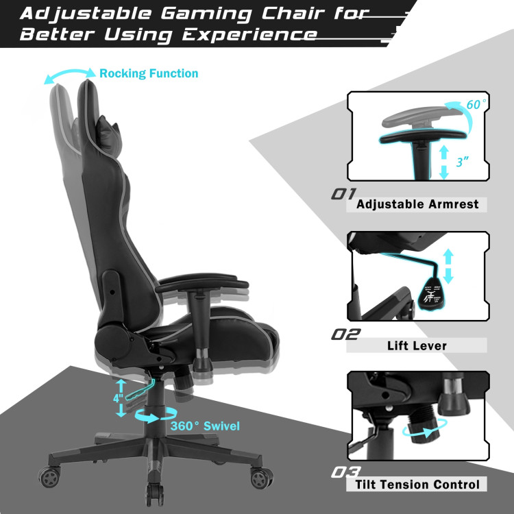 Reclining Swivel Massage Gaming Chair with Lumbar Support-GrayCostway Gallery View 5 of 12