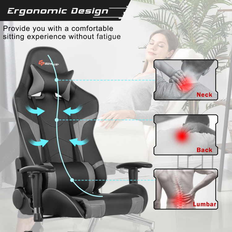 Reclining Swivel Massage Gaming Chair with Lumbar Support-GrayCostway Gallery View 11 of 12
