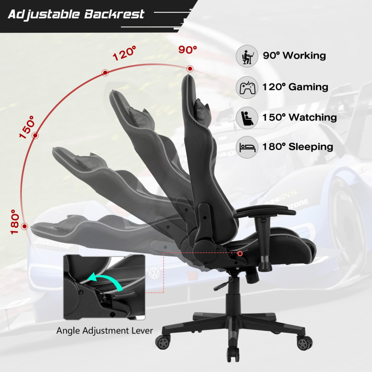 Reclining Swivel Massage Gaming Chair with Lumbar Support-GrayCostway Gallery View 2 of 12