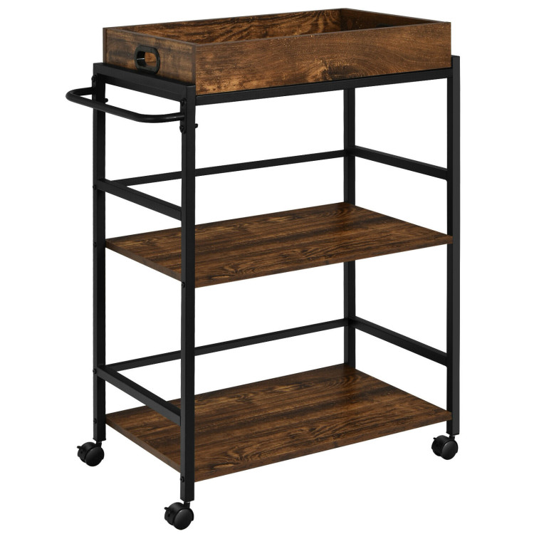 3-Tier Kitchen Serving Bar Cart with Lockable Casters and Handle Rack for Home Pub-Rustic BrownCostway Gallery View 1 of 13