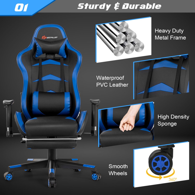 Massage Gaming Chair with Footrest-BlueCostway Gallery View 11 of 12