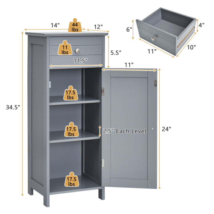 Wooden Storage Free-Standing Floor Cabinet with Drawer and Shelf-GrayCostway Gallery View 4 of 10