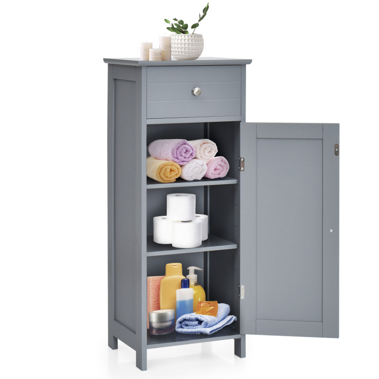 Wooden Storage Free-Standing Floor Cabinet with Drawer and Shelf-GrayCostway Gallery View 3 of 10