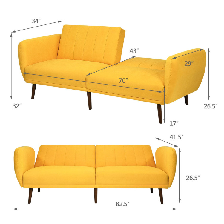 Convertible Futon Sofa Bed Adjustable Couch Sleeper with Wood Legs-Yellow - Gallery View 4 of 12