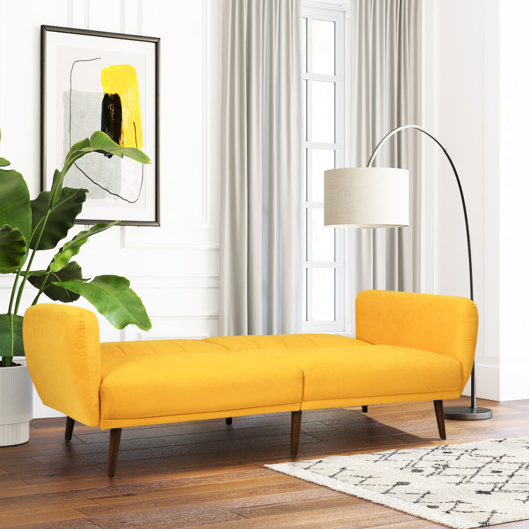 Convertible Futon Sofa Bed Adjustable Couch Sleeper with Wood Legs-Yellow - Gallery View 6 of 12