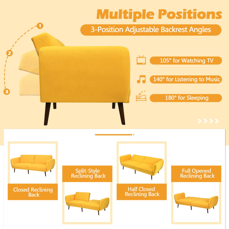 Convertible Futon Sofa Bed Adjustable Couch Sleeper with Wood Legs-Yellow - Gallery View 5 of 12