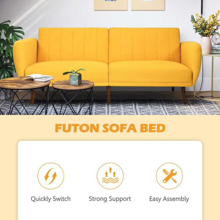 Convertible Futon Sofa Bed Adjustable Couch Sleeper with Wood Legs-Yellow - Gallery View 9 of 12