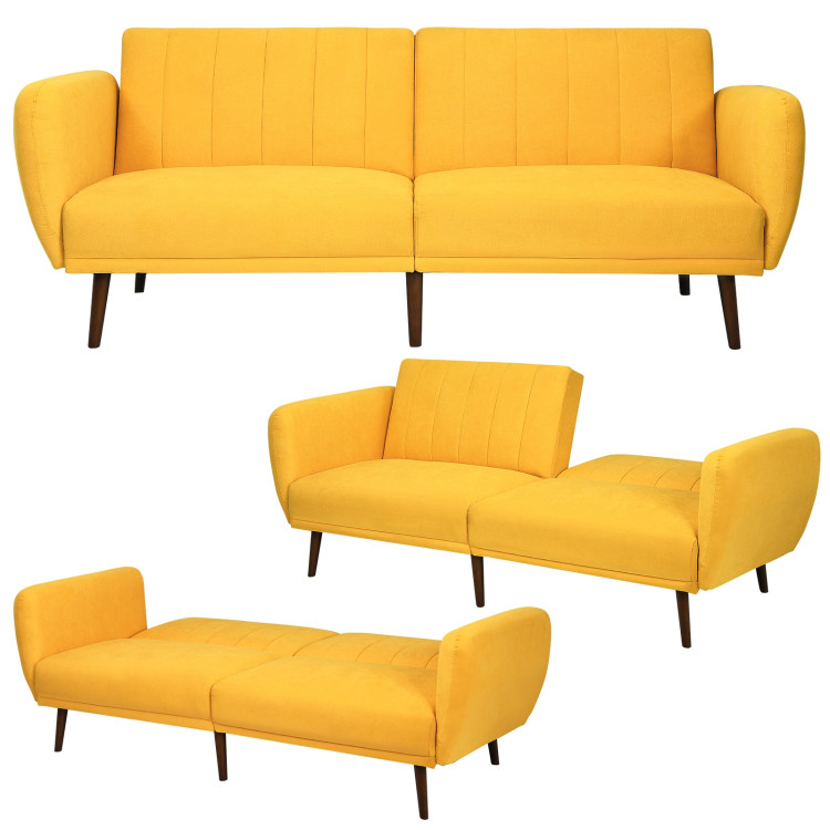 Convertible Futon Sofa Bed Adjustable Couch Sleeper with Wood Legs-Yellow - Gallery View 8 of 12