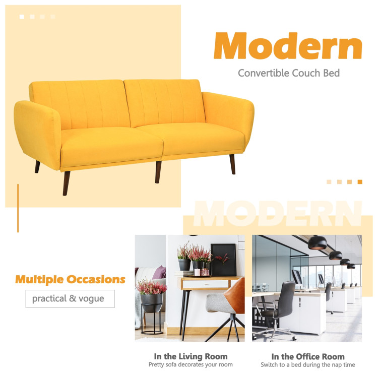 Convertible Futon Sofa Bed Adjustable Couch Sleeper with Wood Legs-Yellow - Gallery View 10 of 12