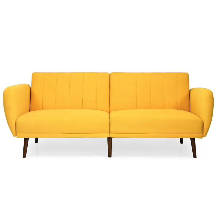 Convertible Futon Sofa Bed Adjustable Couch Sleeper with Wood Legs-Yellow - Gallery View 1 of 12