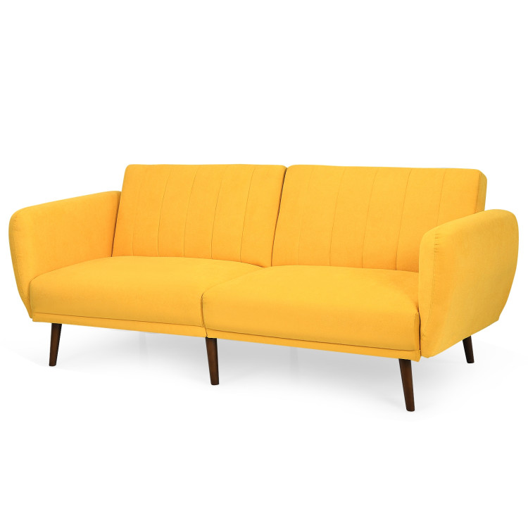 Convertible Futon Sofa Bed Adjustable Couch Sleeper with Wood Legs-Yellow - Gallery View 7 of 12