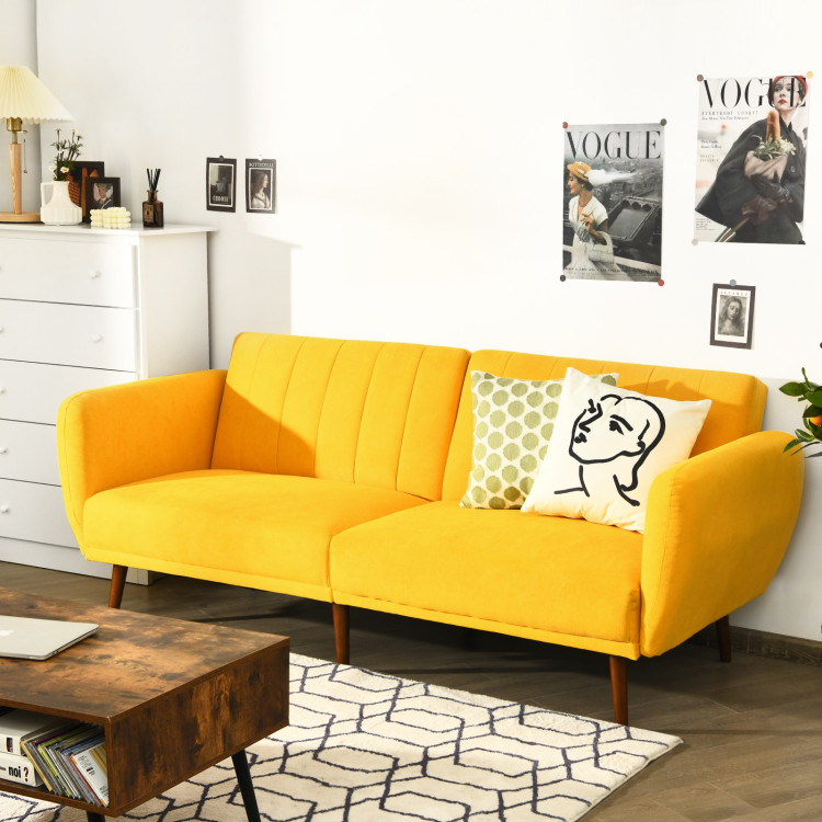 Convertible Futon Sofa Bed Adjustable Couch Sleeper with Wood Legs-Yellow - Gallery View 2 of 12