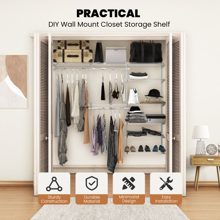 Adjustable Closet Organizer Kit with Shelves and Hanging Rods for 4 to 6 Feet-GrayCostway Gallery View 2 of 10
