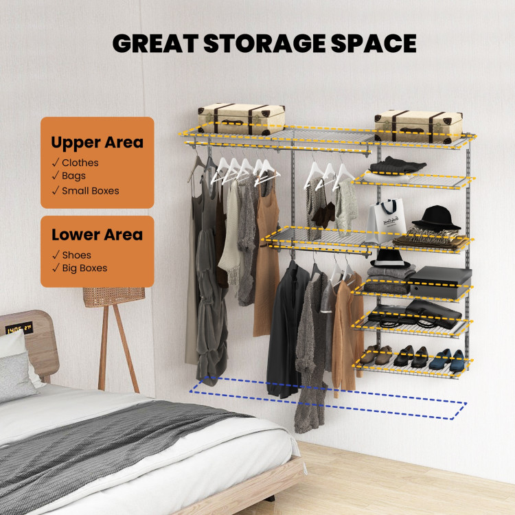 Adjustable Closet Organizer Kit with Shelves and Hanging Rods for 4 to 6 Feet-GrayCostway Gallery View 10 of 10