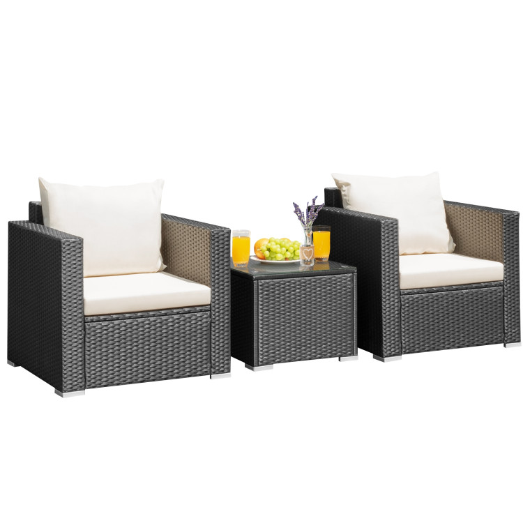3 Pieces Patio wicker Furniture Set with Cushion-WhiteCostway Gallery View 4 of 12