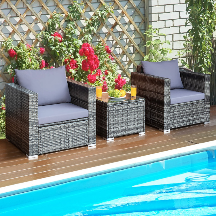3 Pcs Patio Rattan Furniture Bistro Sofa Set with Cushioned-GrayCostway Gallery View 8 of 13
