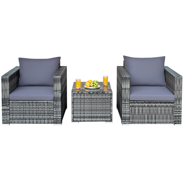3 Pcs Patio Rattan Furniture Bistro Sofa Set with Cushioned-GrayCostway Gallery View 10 of 13