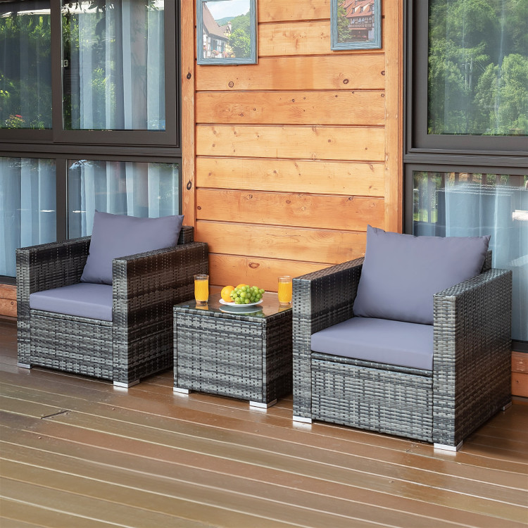 3 Pcs Patio Rattan Furniture Bistro Sofa Set with Cushioned-GrayCostway Gallery View 1 of 13