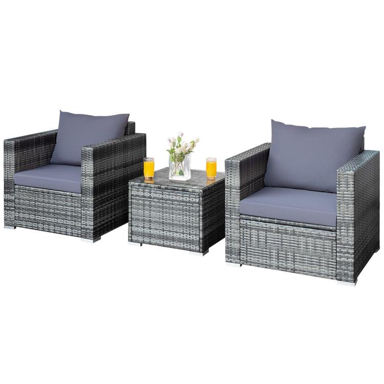 3 Pcs Patio Rattan Furniture Bistro Sofa Set with Cushioned-GrayCostway Gallery View 9 of 13