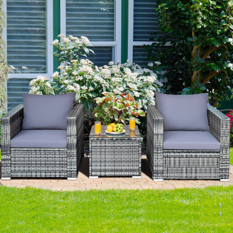3 Pcs Patio Rattan Furniture Bistro Sofa Set with Cushioned-GrayCostway Gallery View 7 of 13
