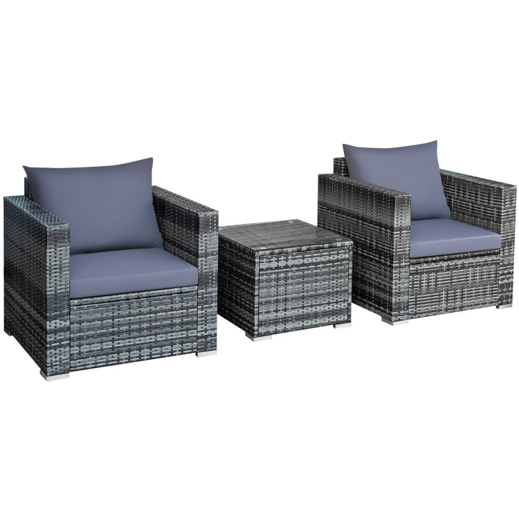 3 Pcs Patio Rattan Furniture Bistro Sofa Set with Cushioned-GrayCostway Gallery View 3 of 13