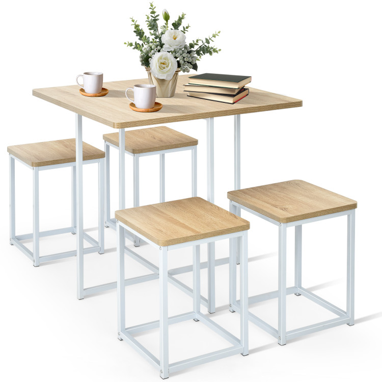 5 Pieces Metal Frame Dining Set with Compact Dining Table and 4 Stools -NaturalCostway Gallery View 6 of 10