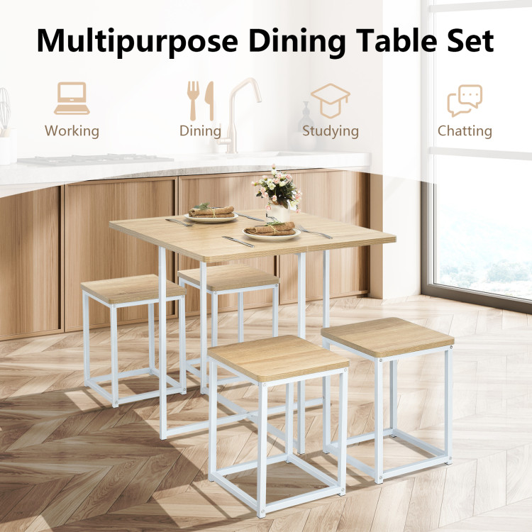 5 Pieces Metal Frame Dining Set with Compact Dining Table and 4 Stools -NaturalCostway Gallery View 2 of 10