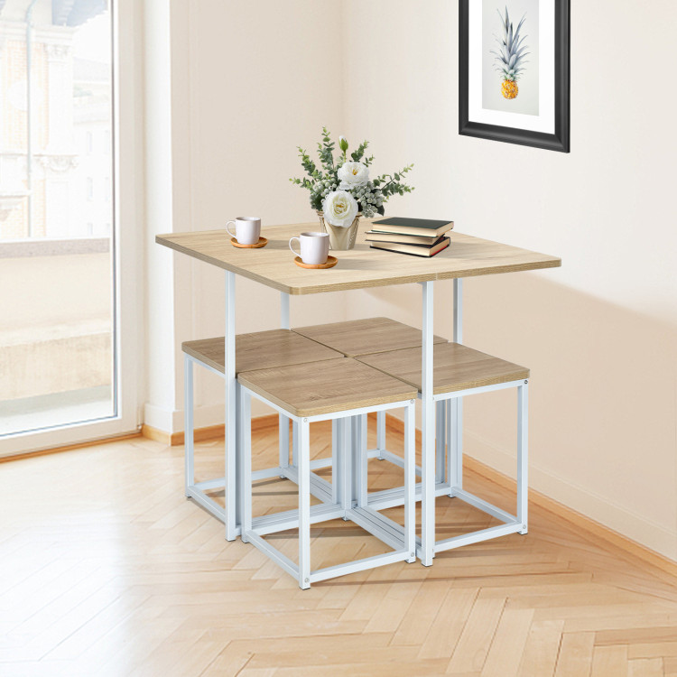 5 Pieces Metal Frame Dining Set with Compact Dining Table and 4 Stools -NaturalCostway Gallery View 1 of 10