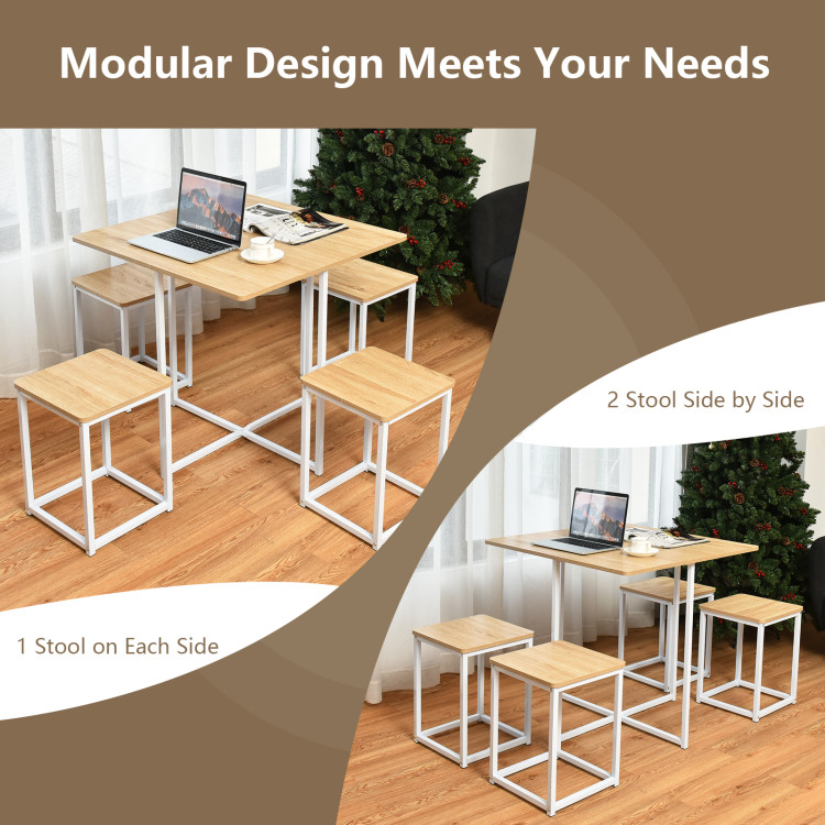 5 Pieces Metal Frame Dining Set with Compact Dining Table and 4 Stools -NaturalCostway Gallery View 7 of 10