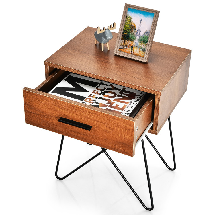 Nightstand Coffee Table Storage Display with Steel Legs and 1 DrawerCostway Gallery View 8 of 10